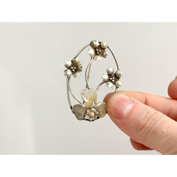 40's Vintage Art Nouveau Floral & Beaded Openwork Sterling Silver Foliage Brooch - Picture 6 of 10